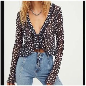 Free People Marne Mesh Star Top Long Sleeve Cropped Baby Doll